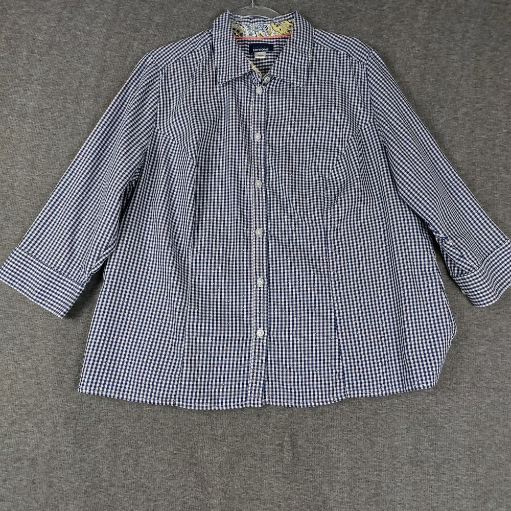 BASIC EDITIONS WOMENS BLUE WHITE PINK GINGHAM POLKADOT 3/4 SLEEVE BUTTON UP 1X